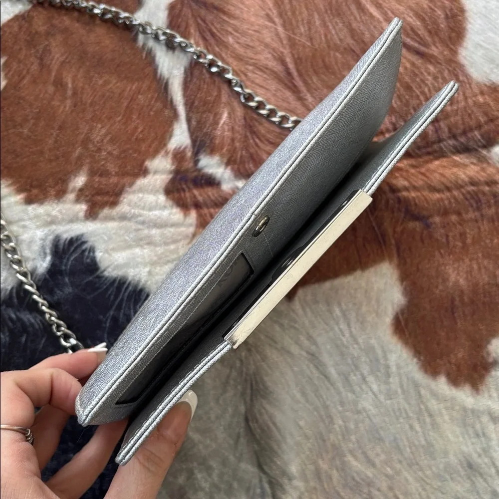 Michael Kors Genuine Leather Lana Wallet Clutch Bag Metallic Silver Crossbody